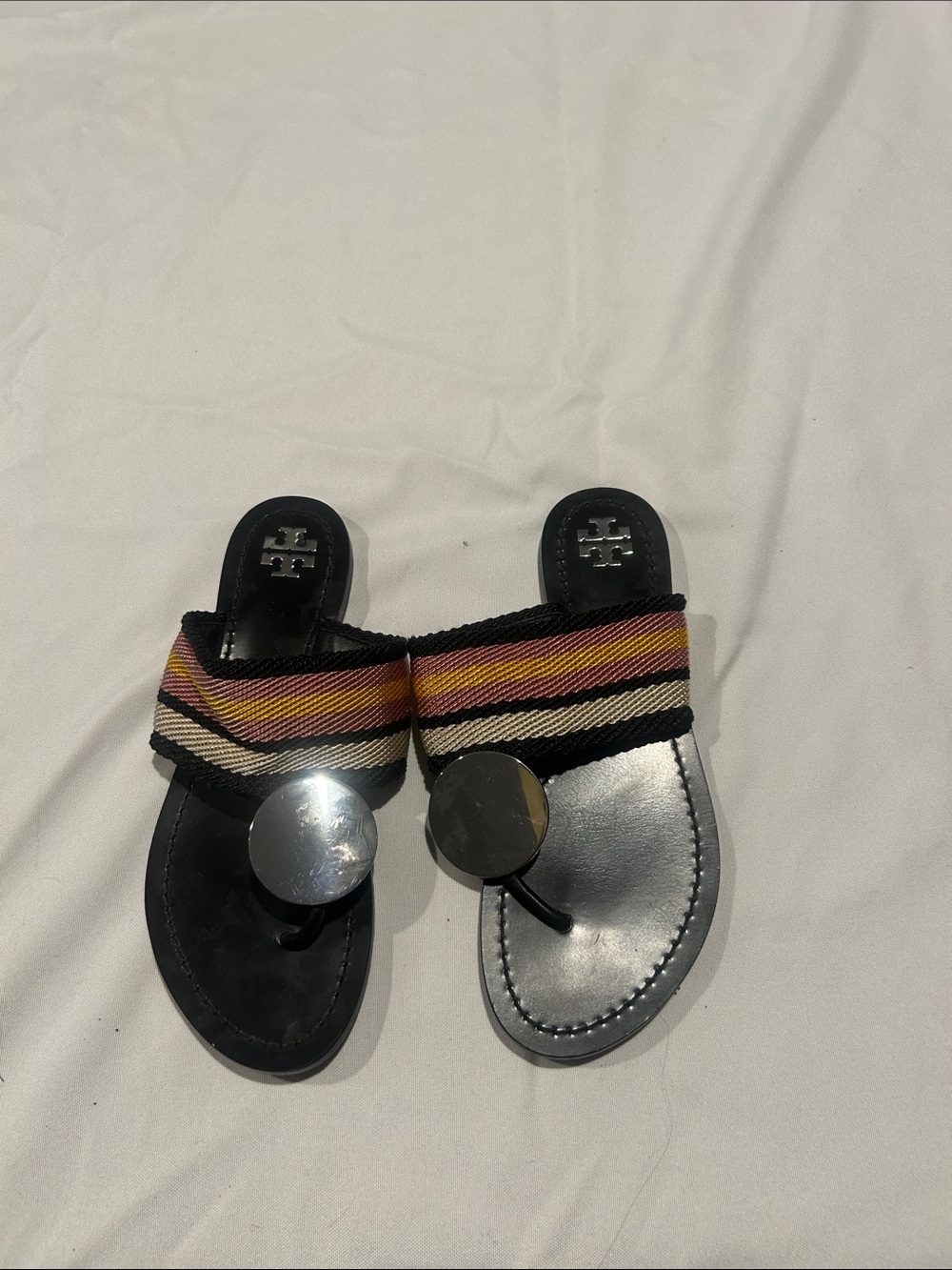Tory Burch Black Leather Sandals with Striped Fabric Band and Silver Discs